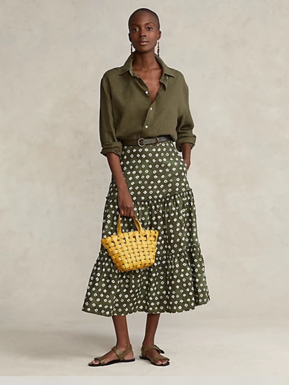 Polo Ralph Lauren Block-Print Tiered Linen Midi Skirt Quiet Luxury NEW